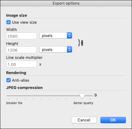 Boîte de dialogue des options d'exportation dans SketchUp sous macOS