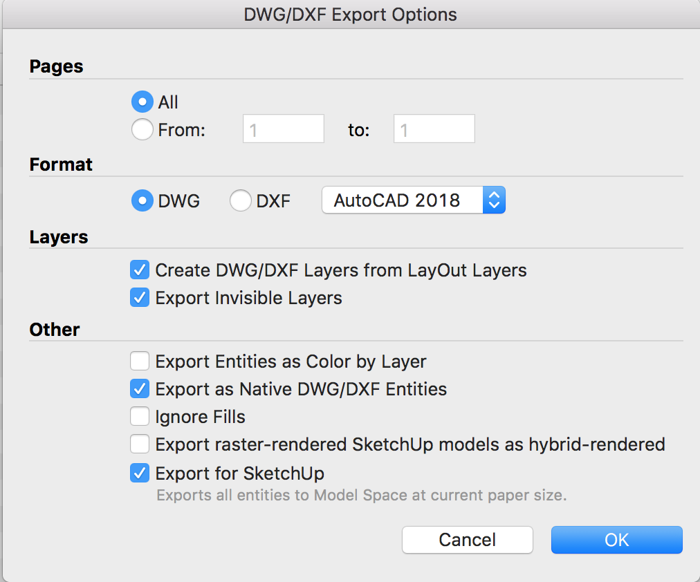 LayOut’s DWG/DXF Export Options dialog